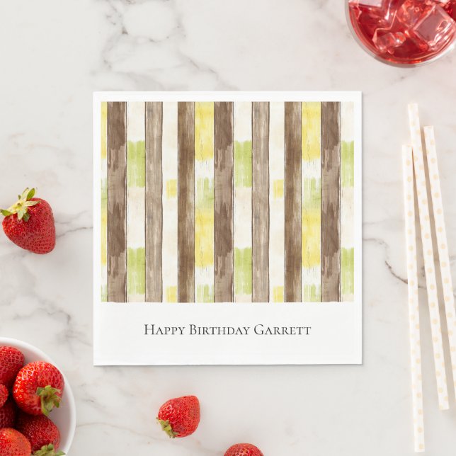 Servilleta De Papel Cumpleaños Raya Madera Falsa Limón Amarillo Cítric (In situ)
