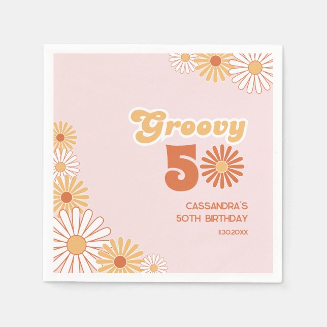 Servilleta De Papel Cumpleaños Retro Daisy Boho Naranja Rosa 50 (Anverso)