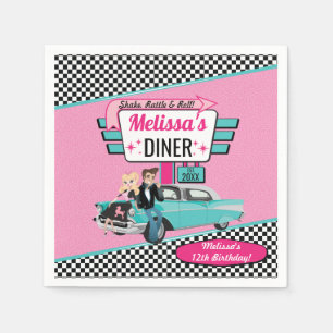 Servilleta De Papel Cumpleaños Retro Diner Vintage Car Turquesa, Rosa