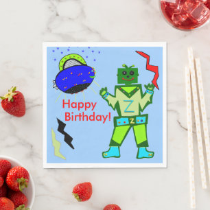 Servilleta De Papel Cumpleaños Robot Niño Lindo Espacio Azul