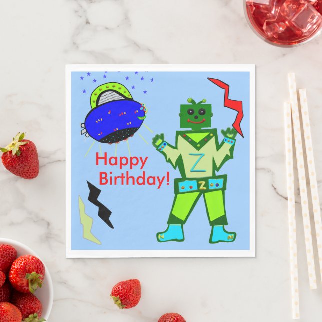 Servilleta De Papel Cumpleaños Robot Niño Lindo Espacio Azul (In situ)