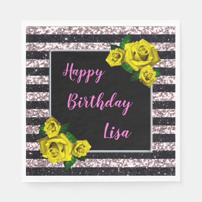 Servilleta De Papel Cumpleaños Rosas Amarillas Rayas Brillo Negro Pink (Anverso)
