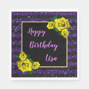 Servilleta De Papel Cumpleaños Rosas Amarillas Rayas Purpura Negro Bri