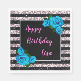 Servilleta De Papel Cumpleaños Rosas Azules Brillo Rayas Negras Rosa