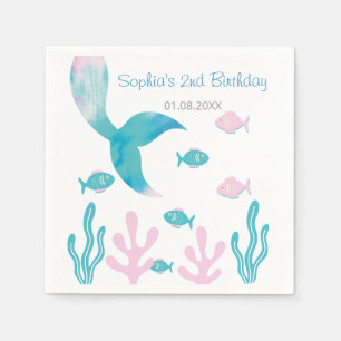 Servilleta De Papel Cumpleaños Sirena Bajo el Mar Rosa Azul Pastel