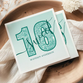 Servilleta De Papel Cumpleaños Sweet 16 Script Glitter Aqua Verde