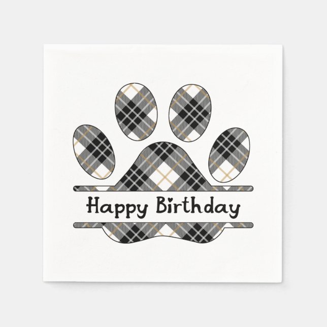 Servilleta De Papel Cumpleaños Tartan Plaid Paw Print On White (Anverso)