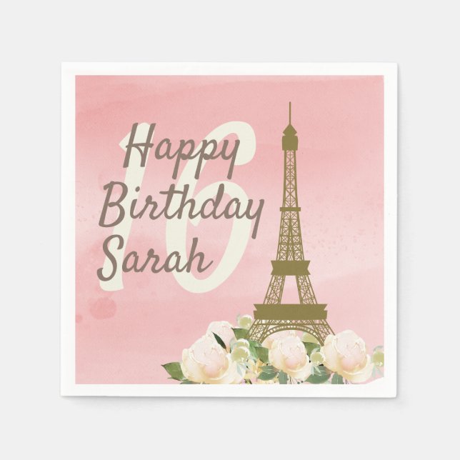 Servilleta De Papel Cumpleaños Torre Eiffel de oro rosa Sweet 16 (Anverso)