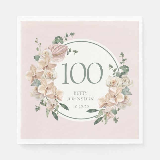 Servilleta De Papel Cumpleaños Tropical Floral número 100 (Anverso)