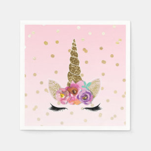 Servilleta De Papel Cumpleaños Unicornio Floral Rosa y Dorado Cuerno d