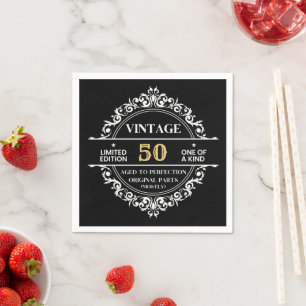 Servilleta De Papel Cumpleaños Vintage Negro Blanco y Dorado 50 