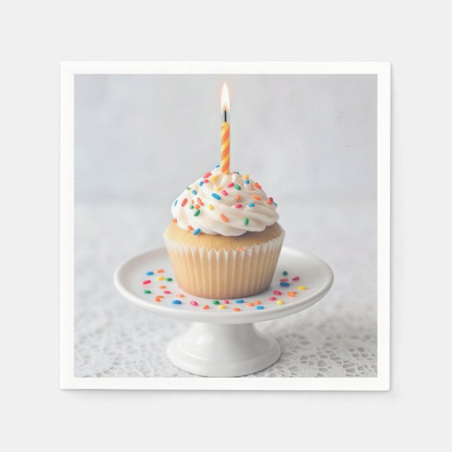 Servilleta De Papel Cupcake de cumpleaños con una vela (Anverso)