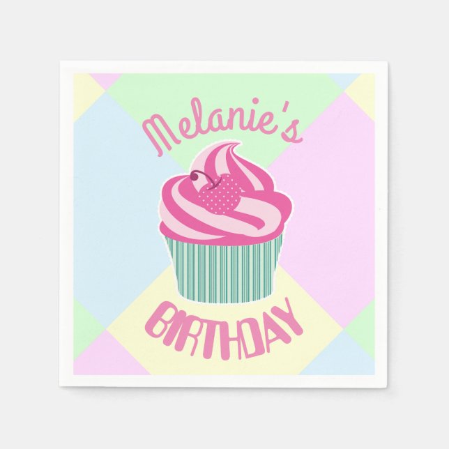 Servilleta De Papel Cupcake de cumpleaños rosa personalizado (Anverso)