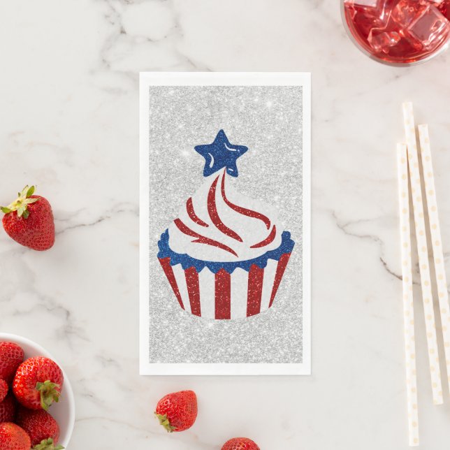 Servilleta De Papel Cupcake Rojo, Blanco y Azul 4 de Julio con Brillo (In situ)