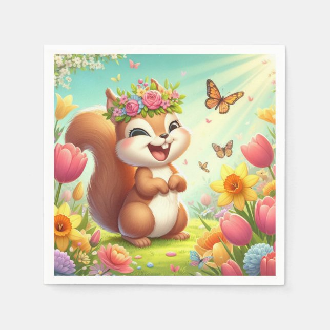 Servilleta De Papel Cura, ardilla de primavera feliz (Anverso)