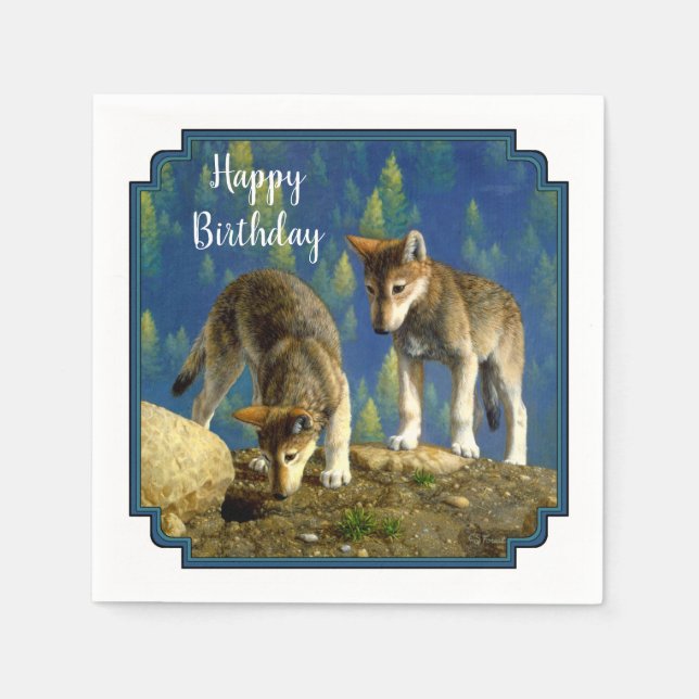 Servilleta De Papel Curiosos Gris Gray Wolf Pups (Anverso)