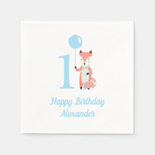 Servilleta De Papel Curte Whimsical Fox & Balloon Blue 1º cumpleaños