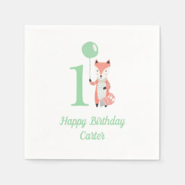 Servilleta De Papel Curte Whimsical Fox & Balloon Green 1er cumpleaños