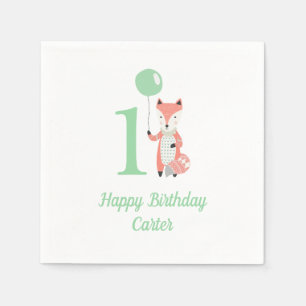 Servilleta De Papel Curte Whimsical Fox & Balloon Green 1er cumpleaños