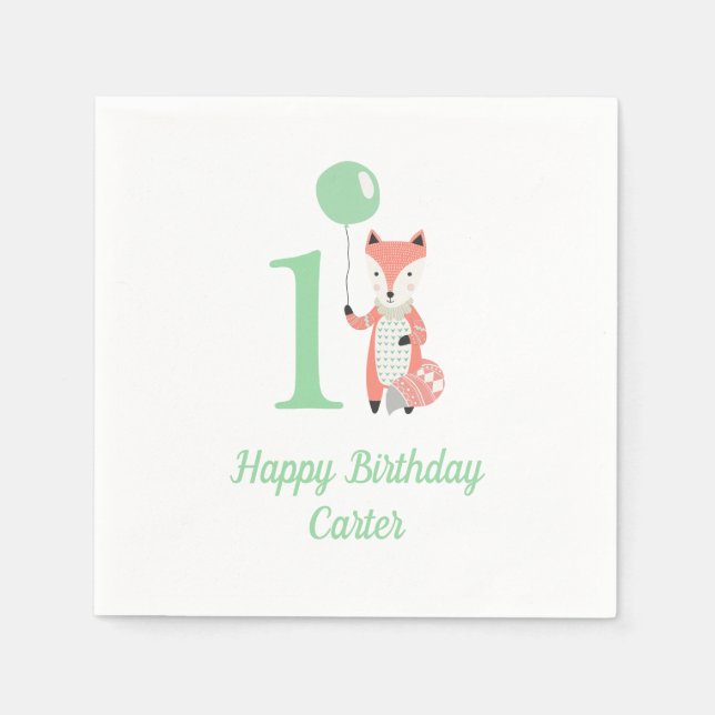 Servilleta De Papel Curte Whimsical Fox & Balloon Green 1er cumpleaños (Anverso)