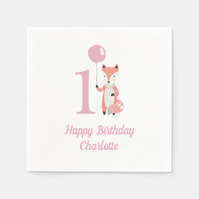 Servilleta De Papel Curte Whimsical Fox & Balloon Pink 1er cumpleaños (Anverso)