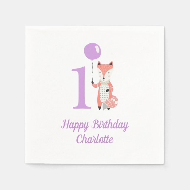 Servilleta De Papel Curte Whimsical Fox & Balloon Purple 1er cumpleaño (Anverso)