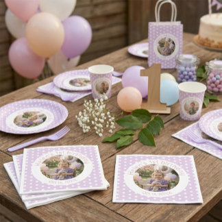 Servilleta De Papel Custom Birthday Photo & Purple Polka Dot