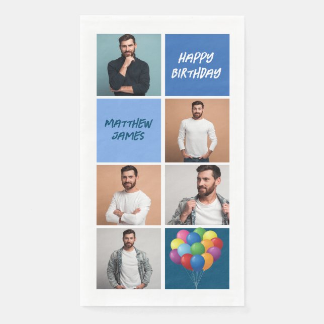 Servilleta De Papel Custom Blue Birthday Party Photo Collage (Anverso)