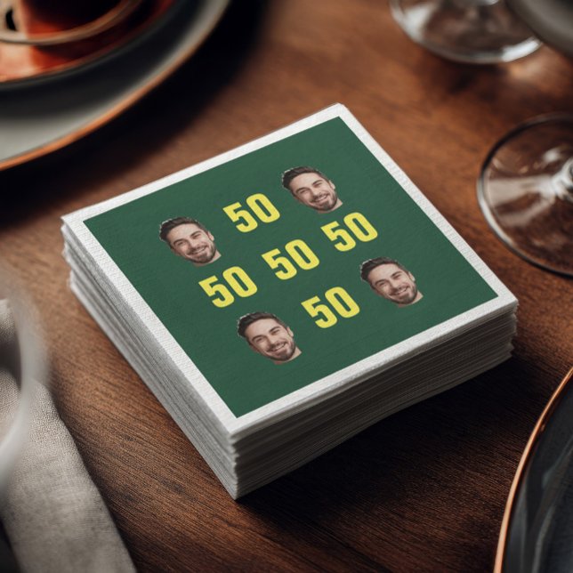 Servilleta De Papel Custom Face Photo 50th Birthday Fun (Green cocktail napkin featuring four custom face photos arranged in a grid with bright yellow “50” )