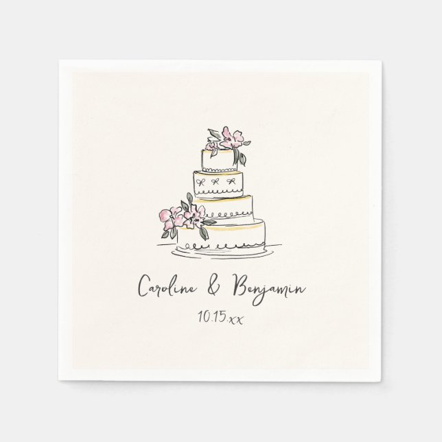 Servilleta De Papel Custom Handwritten Pink Yellow Doodle Wedding Cake (Anverso)
