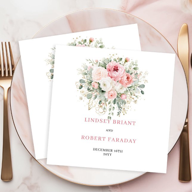 Servilleta De Papel Custom Name Boho Blush Floral Gold Wedding Napkins (Custom Boho Blush Floral Gold Wedding Napkins)