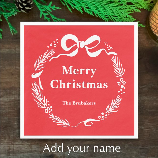 Servilleta De Papel Custom Red Modern Hand Drawn Bow Merry Christmas (Personalize this festive red hand drawn pine and bow doodle Merry Christmas napkin. My original art.)
