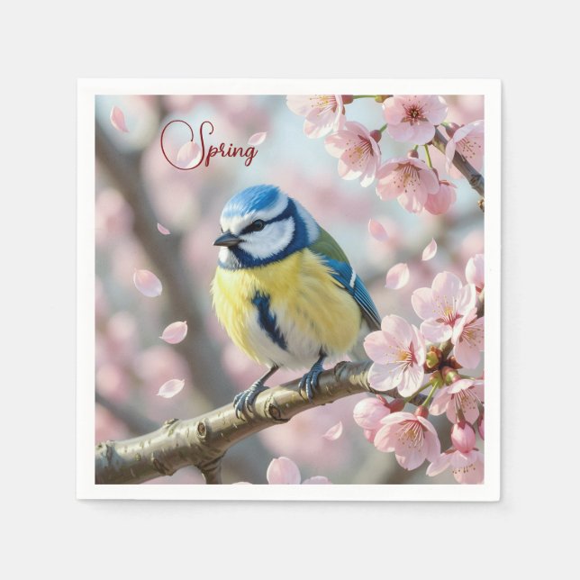 Servilleta De Papel Custom Spring Party Blue Tit Bird on Cherry Tree (Anverso)