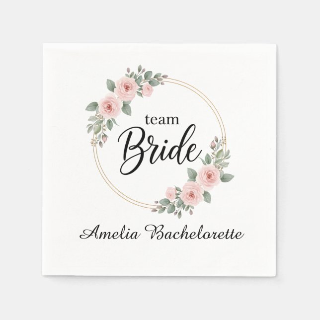 Servilleta De Papel Custom Team Bride Bachelorette Pink Floral Gold (Anverso)