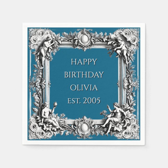 Servilleta De Papel Custom Victorian Scroll Frame Napkin – dark blue (Anverso)