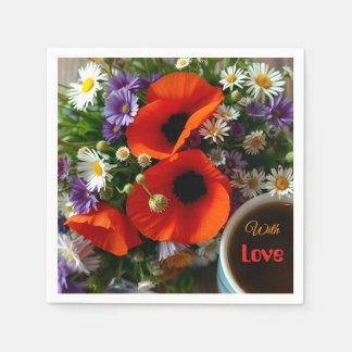 Servilleta De Papel Custom "With Love"  Cup of Coffee & Red Poppies 