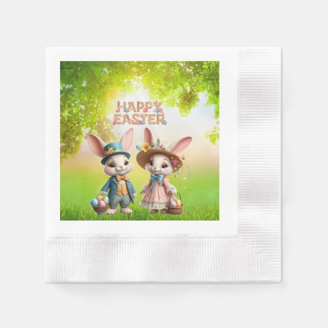 Servilleta De Papel Cuta, caprichosa Pascua feliz con 2 conejos (Anverso)