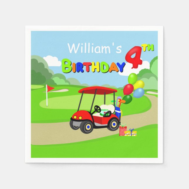 Servilleta De Papel Cute 4º cumpleaños Red Golf Cart Boy's (Anverso)