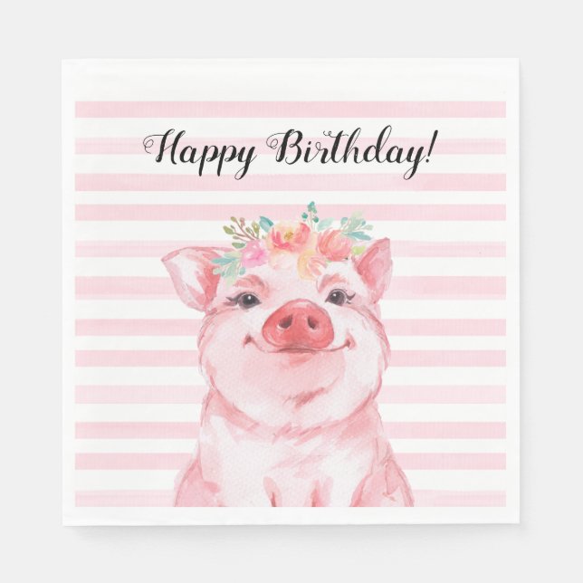 Servilleta De Papel Cute acuarela Cerdo Feliz Cumpleaños (Anverso)