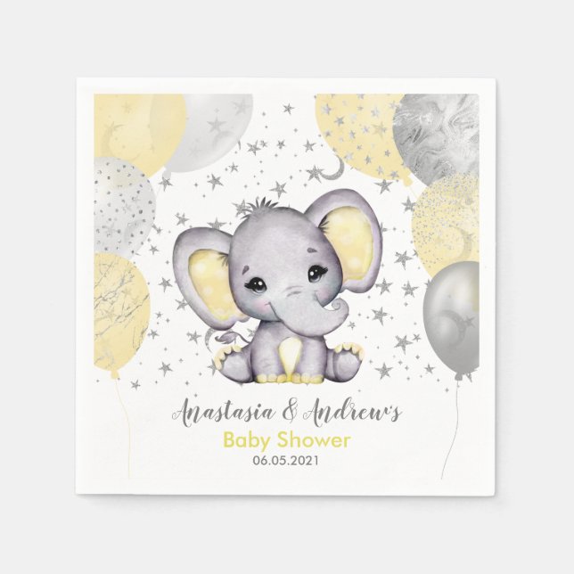 Servilleta De Papel Cute amarillo Baby Shower Elephant Balloons Napkin (Anverso)