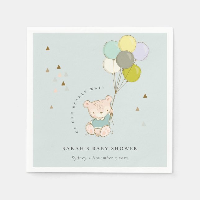 Servilleta De Papel Cute Aqua Bearly Wait Bear Balloon Baby Shower (Anverso)
