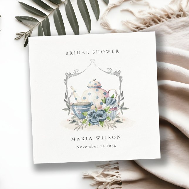 Servilleta De Papel Cute Aqua Blue Floral Teapot Escudo Bridal Shower (Subido por el creador)