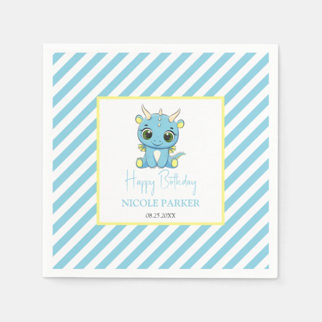 Servilleta De Papel Cute Baby Dragon Blue Stripes Cumpleaños (Anverso)