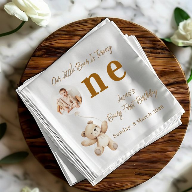 Servilleta De Papel Cute Bear First Birthday Photo Party Napkins (Subido por el creador)