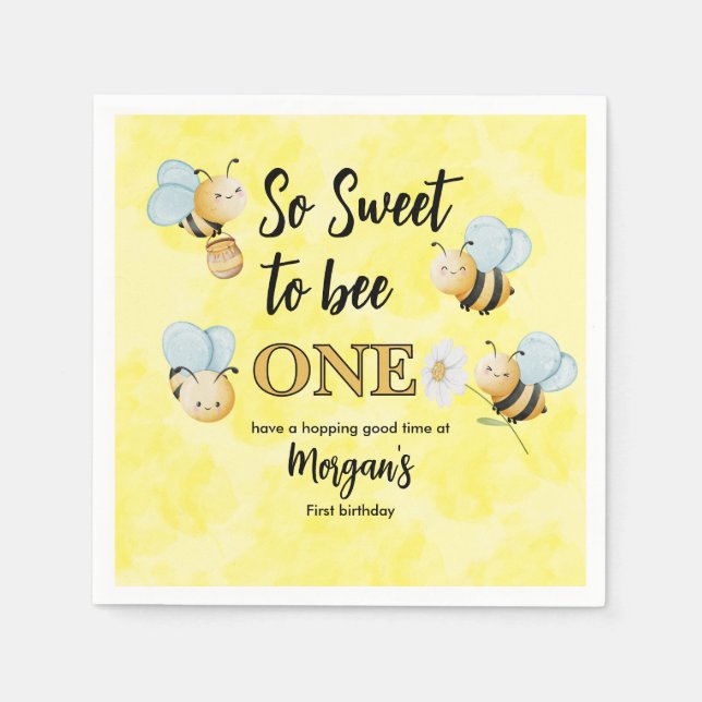 Servilleta De Papel Cute Bee One Yellow Black First Birday Party (Anverso)