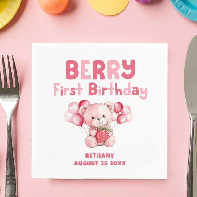 Servilleta De Papel Cute Berry primer cumpleaños Fresa Rosa (Subido por el creador)