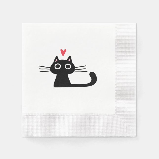 Servilleta De Papel Cute Black Cat with Heart  Kitten Valentine Classi (Anverso)