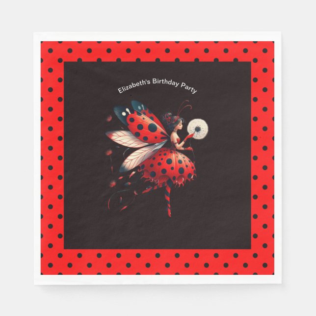 Servilleta De Papel Cute Black & Red Ladybug Fairy Birday Party (Anverso)