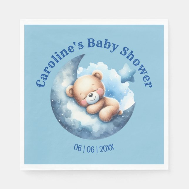 Servilleta De Papel Cute Blue Bear Crescent Moon Baby Shower (Anverso)