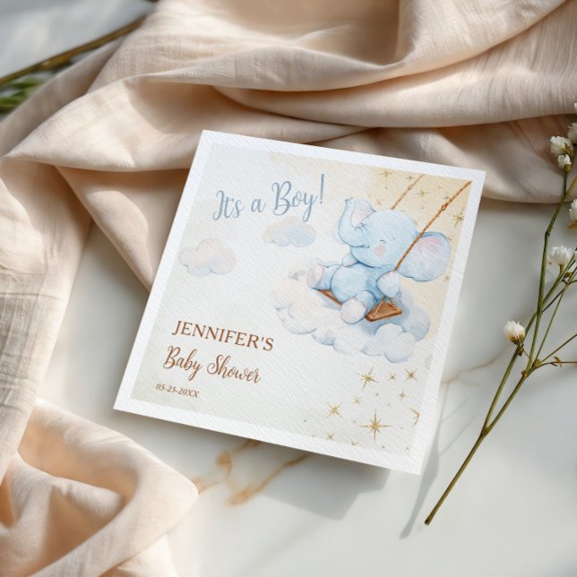 Servilleta De Papel Cute Blue Elephant Cloud Baby Shower (Subido por el creador)